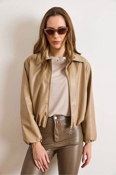 Olalook Women's Beige Lined Pocket Faux Leather Bomber Jacket Ckt-19000499