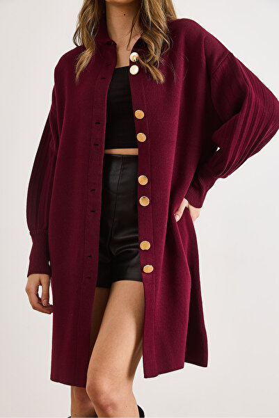 Olalook Women's Burgundy Button Detailed Coat Cardigan Hrk-19000445