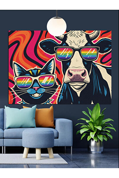 Artmeg Vaca și pisica cu ochelari de soare - Pânză decorativă - Tablou din le...