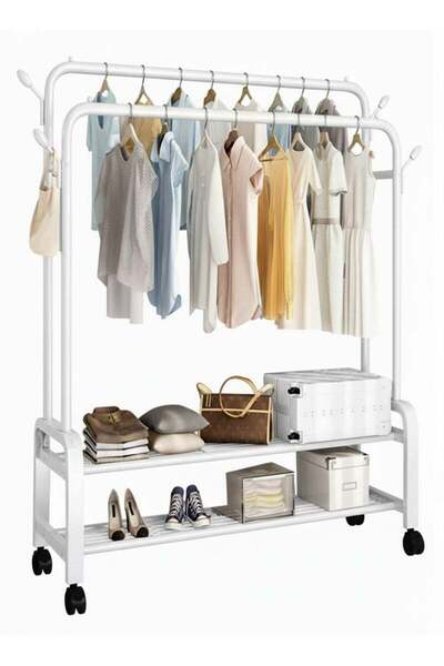 AGD Metal Clothes Organizer with Wheels, 2 Lower Shelves, 110x57x150 cm, White