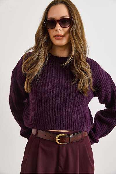 Olalook Women's Purple Crew Neck Crop Soft Textured Knit Sweater Kzk-19001084