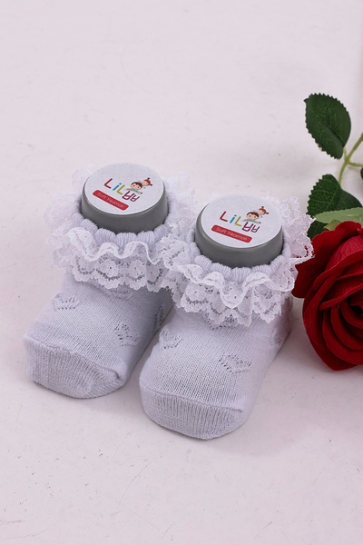 burçak çorap Soft Yıkamalı Kız Bebek Çorabı - Tül ve Güpür Detaylı Pamuklu Mo...