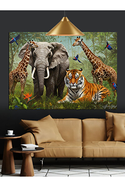 Artmeg Aventura Safari cu girafa, elefantul și tigru - Pânză decorativă - Mas...