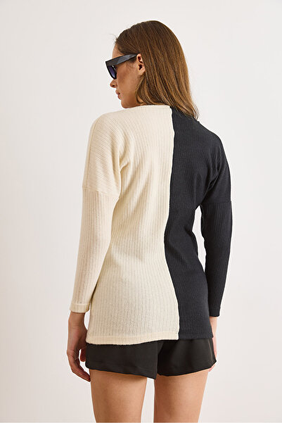 Olalook Women's Black Ecru Blocky Fleece-Lined Casual Blouse Blz-19002519