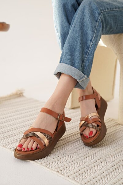Soleni Mova Herry Tan Genuine Leather Sandals with Gold Detail