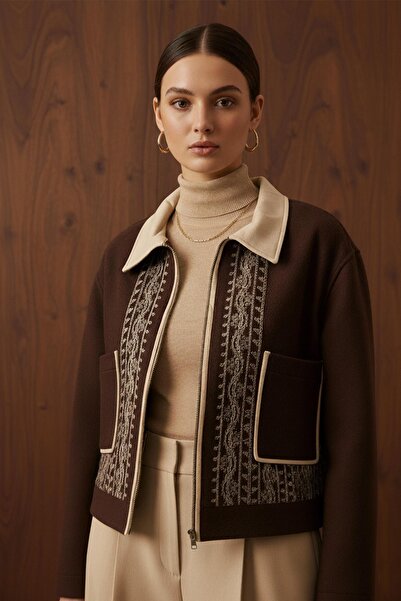 Loreen Women's Embroidery Detailed Short Jacket - 20719Ckt - Brown-Beige