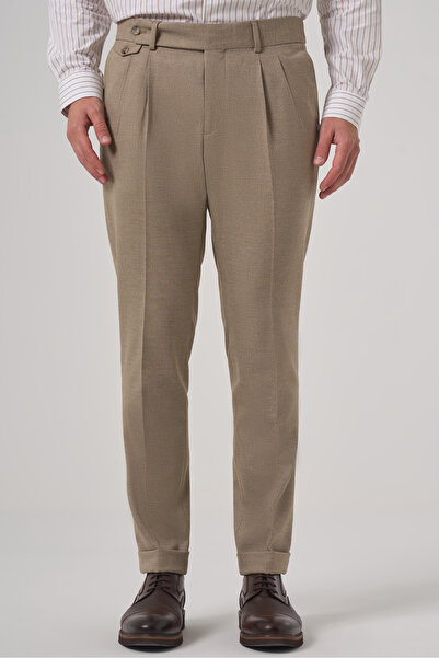 Morven Men's Beige Polyviscon Trend Patterned Slim Fit Double Pleated Trousers