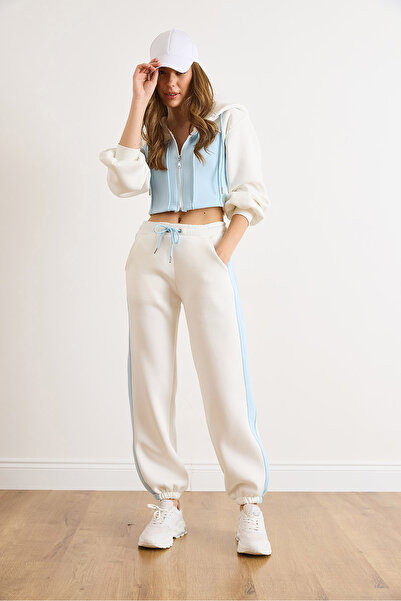 Olalook Women's Baby Blue Color Detailed Fleece-Lined Thick Winter Tracksuit Set Etkm-0000073