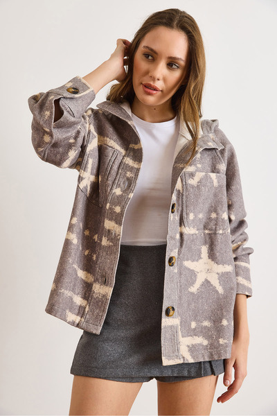 Olalook Women's Gray Cashmere Textured Hooded Thick Buttoned Jacket Ckt-19000498