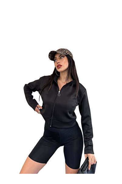 Store Scuba Kumaş Uzun Kollu Fermuarlı Crop Spor Ceket