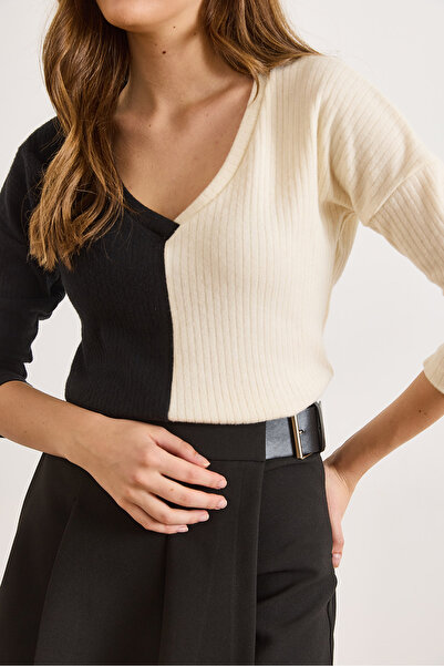 Olalook Women's Black Ecru Blocky Fleece-Lined Casual Blouse Blz-19002519