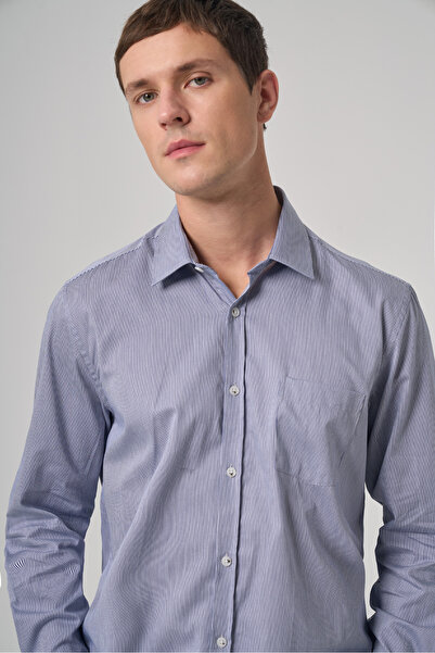 Morven Men's Navy Blue Cotton Trend Striped Regular Fit Hard Collar Shirt