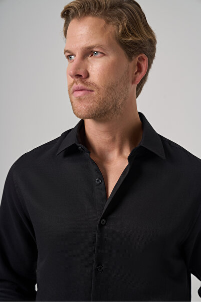 Morven Men's Black Polyester Trend Patterned Dynamic Fit Italian Collar Shirt