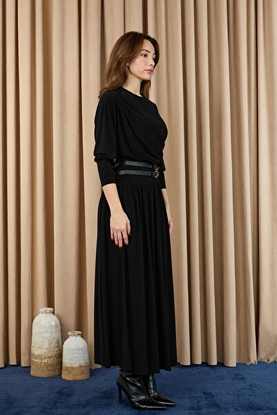 Puane Women's Drape Collar Belted Long Dress -12659Elb - Black