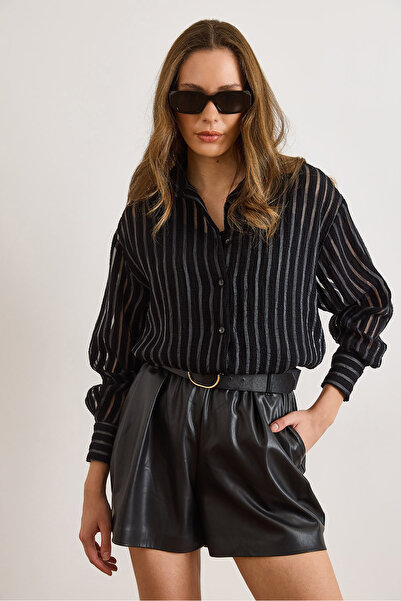 Olalook Women's Black Transparent Striped Undershirt Gml-19001402