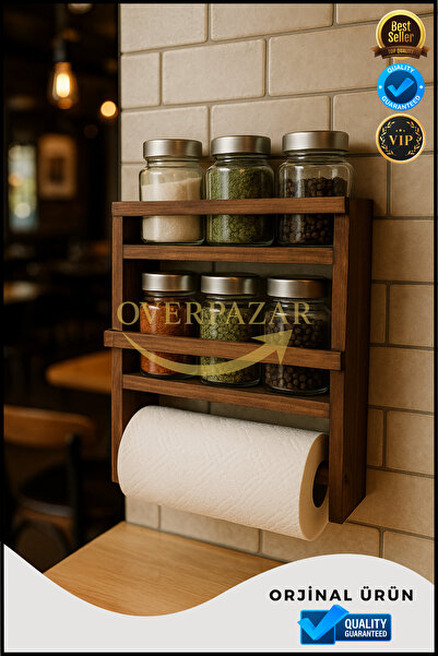 Overbazaar Wooden Wall-Mounted Spice Rack and Paper Towel Holder Organizer with Shelf, Natural Solid Wood Kitchen Organizer