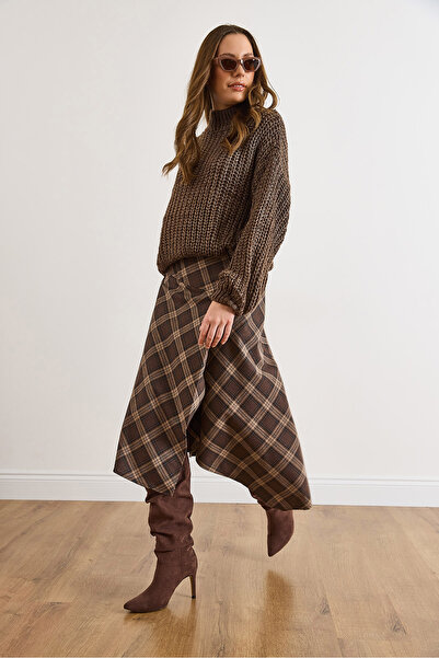 Olalook Women's Brown Plaid Wool Effect Midi Wrap Skirt Etk-19000369