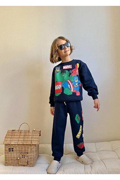 Patriko Boy's Superhero Game Leno Character Detailled Inner Fleece Dark Blue Color Bottom Top Set