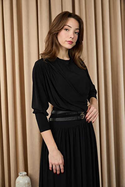 Puane Women's Drape Collar Belted Long Dress -12659Elb - Black