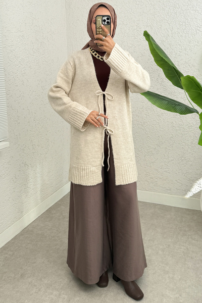 Salih Çelebi Double Tied Straight Cut Knit Cardigan 07307 - Beige