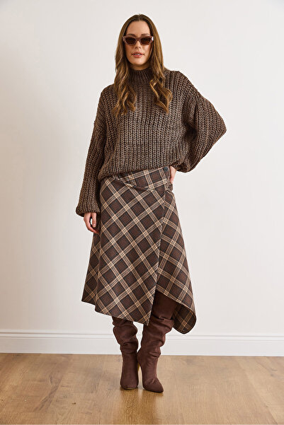 Olalook Women's Brown Plaid Wool Effect Midi Wrap Skirt Etk-19000369