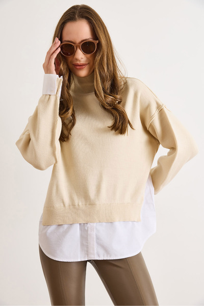 Olalook Women's Stone Shirt Detailed Mock Neck Knitwear Sweater Kzk-19001086