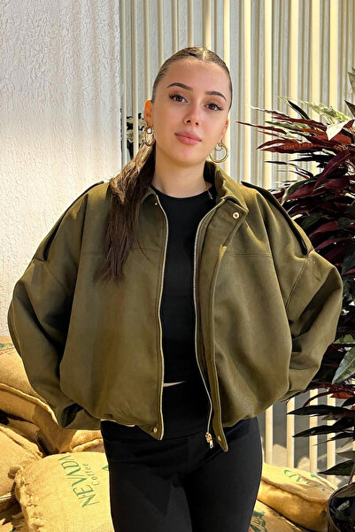 Rich Women's Khaki Oversized Suede Bomber Jacket
