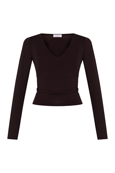 AQUELLA Καφέ μπλούζα με λαιμόκοψη σε σχήμα V