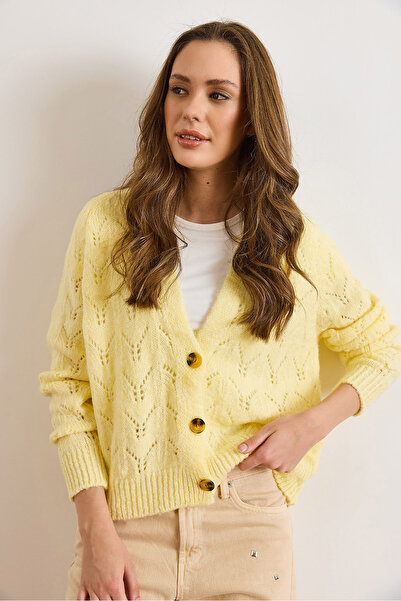 Olalook Women's Light Yellow Lace-Like Knit Soft Textured Knitwear Cardigan Hrk-19000444