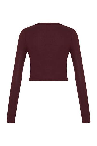 AQUELLA Maysa Double-Breasted Burgundy Ribbed Knit Cardigan
