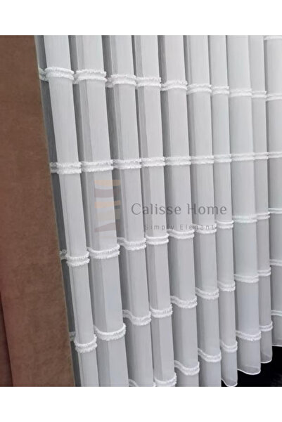 Calisse Home Ekru bambu kesmeli şeritli püsküllü tül perde Gramajlı 1/3 Sık P...