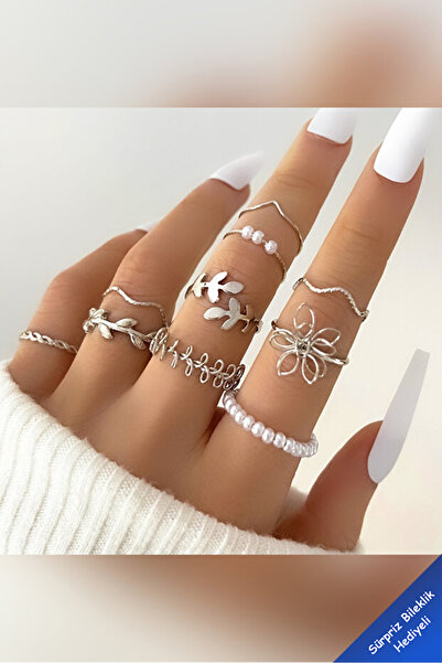 Si moda Gümüş Renk 10’lu Modern Tasarım İnci & Yaprak Detaylı Eklem Yüzük Seti