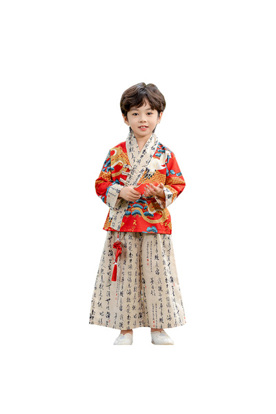 LiangSanZhi Hanfu Boys Long Style Floral Shirt & Wide-Leg Pants Set, Lightweight New Chinese Style Tang Suit