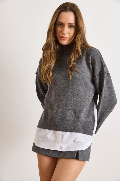 Olalook Women's Smoked Shirt Detailed Mock Neck Knitwear Sweater Kzk-19001086