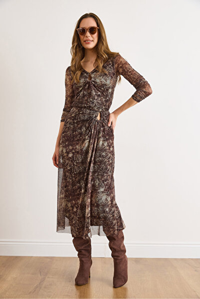 Olalook Women's Brown Lined Midi Skirt with Waist Accessory Detail Etk-19000371