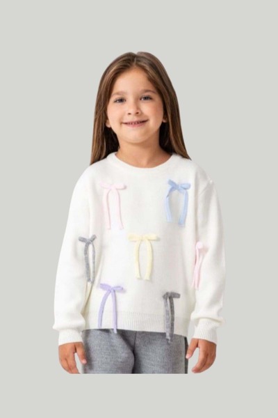 wakawakakidsstore Multi-Colored Bow Detail Girls' Sweater and Wide-Leg Pants Set