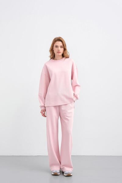 Basicpark Pink Women's Oversized Pique Textured Wide-Leg Top and Bottom Set