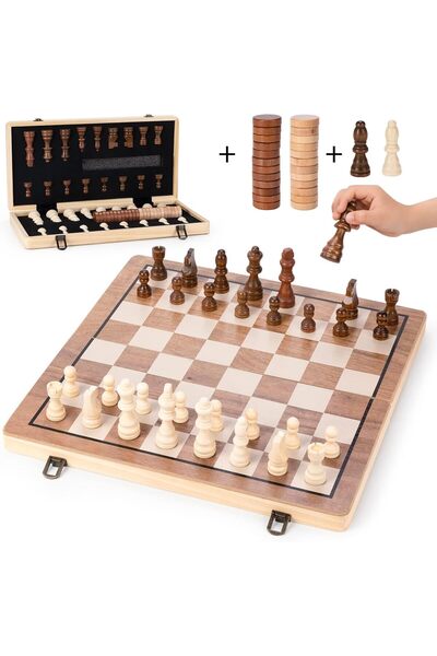 adak Magnetic Wooden Chess Set – 15-Inch Folding Board with Handmade Pieces & 2 Extra Queens