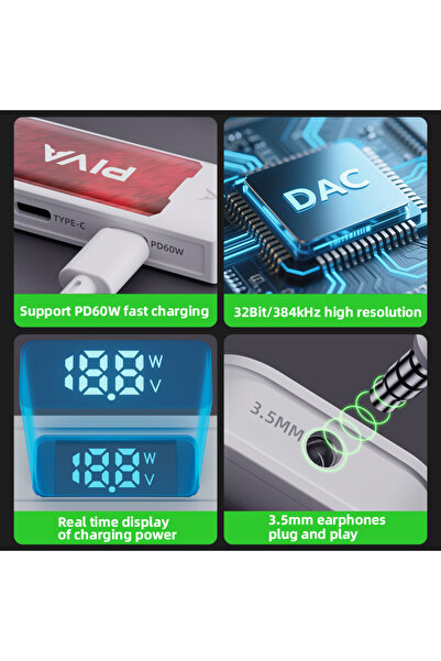 piva وصلة G41 تايب سي 4 في 1 شحن سريع 60 واط USB2.0 وصوت DAC 32 بت مع شاشة طاقة ودعم كل الأجهزة.