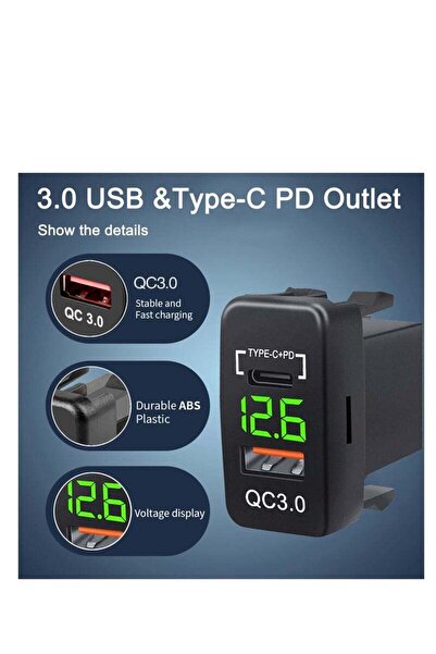 Generic USB Quick Charger Socket 12V/24V 38W QC3.0 & Type-C PD with LED Voltmeter - Multi Port