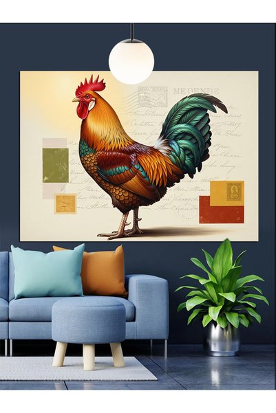 Artmeg Pânză decorativă cu cocoș colorat și modele geometrice - Tablou din le...