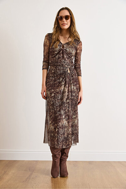 Olalook Women's Brown Lined Midi Skirt with Waist Accessory Detail Etk-19000371