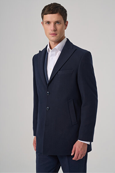Morven Men's Navy Blue Plain Pointed Collar Dynamic Fit Coat
