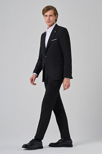 Morven Men's Black Wool Slim Fit Mono Collar Suit