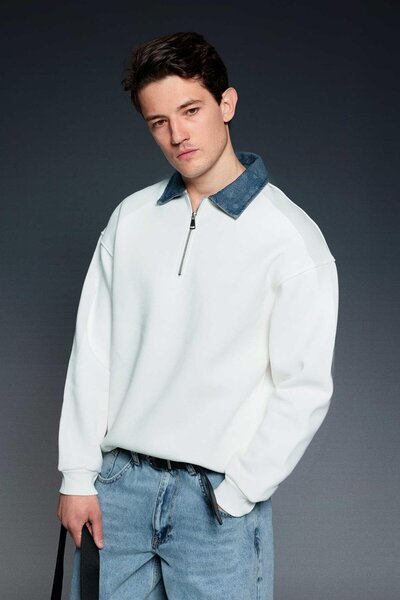 ablukaonline Men's Denim Polo Neck Half Zipper Oversized Sweatshirt White