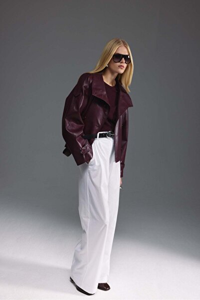 tailor's room Deri Dik Yaka Kısa Trençkot - Burgundy