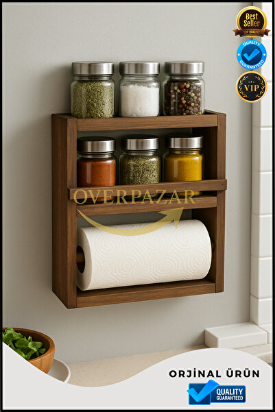 Overbazaar Wooden Wall-Mounted Spice Rack and Paper Towel Holder Organizer with Shelf, Natural Solid Wood Kitchen Organizer