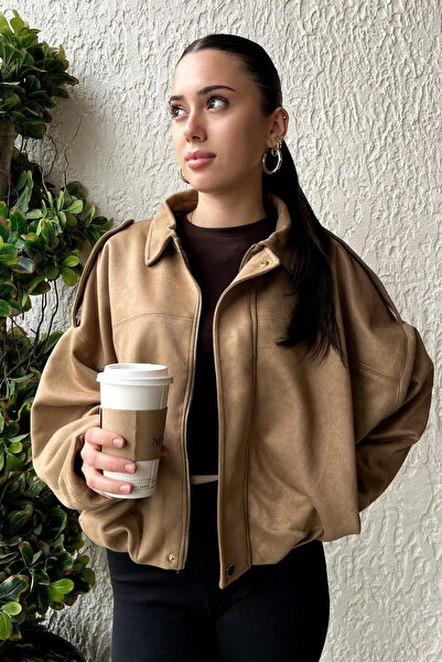 Rich Women's Milk Coffee Oversized Suede Bomber Jacket