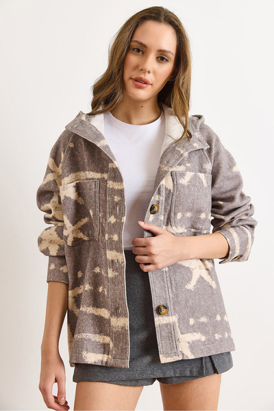 Olalook Women's Gray Cashmere Textured Hooded Thick Buttoned Jacket Ckt-19000498