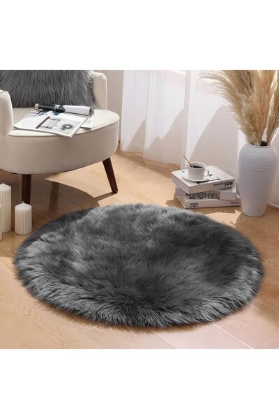Faria Fluffy Round Rug, Diameter 90cm, Faux Fur, Non-Slip Base, for Living Room and Children's Room, Gray